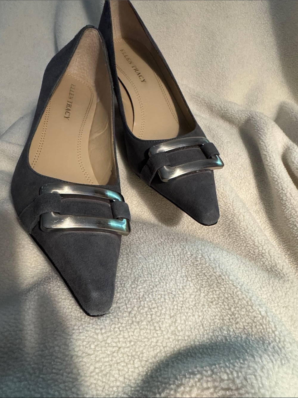 Ellen Tracy Charcoal Suede Pointed-Toe Heels with Decorative Silver-tone Buckle - Picture 2 of 7